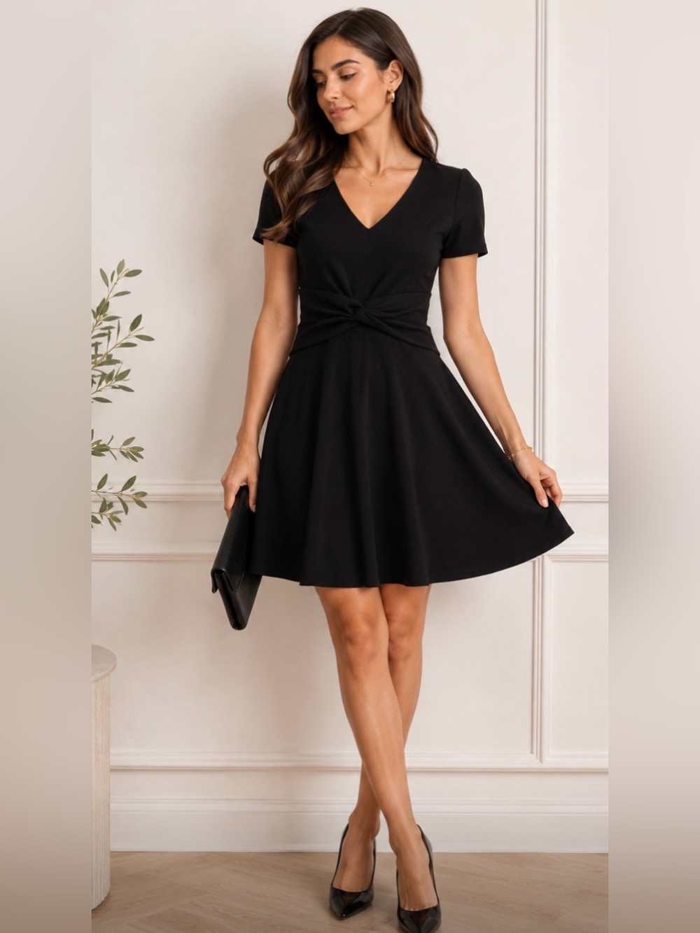 Milly Women's Black Short Sleeve V-Neck Fit & Flare Dress Knot Waist Small LBD
